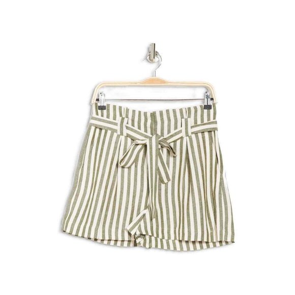 L'Agence Alex Paperbag Shorts Size 10 Olive Green Ivory Stripe Linen Blend - Picture 2 of 7